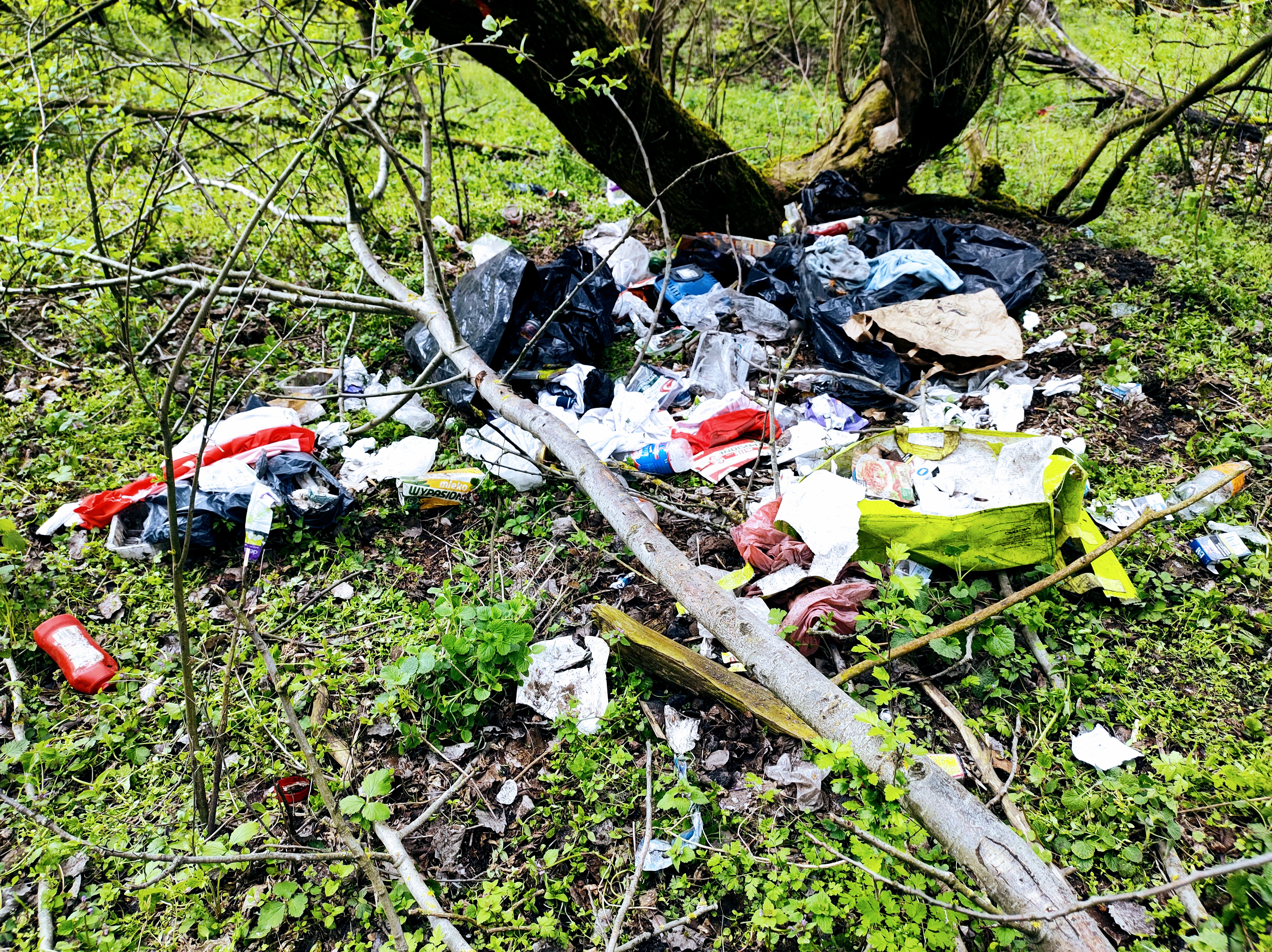 Zdjęcie przedstawia nielegalne wysypisko odpadów